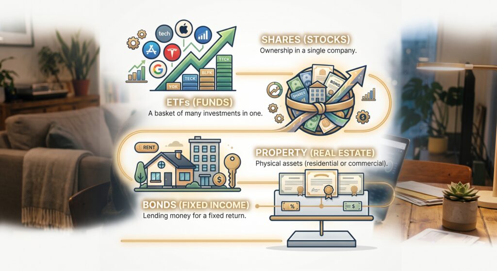 What to invest in: shares, ETFs, property and bonds.