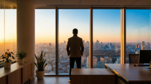 Professional standing at office window overlooking city with clarity and perspective