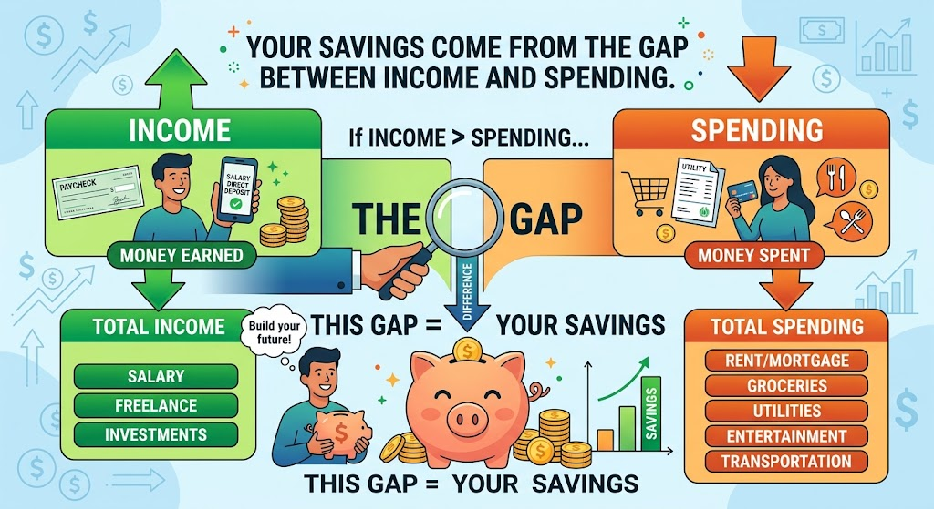 Your savings come from the gap between income and spending.