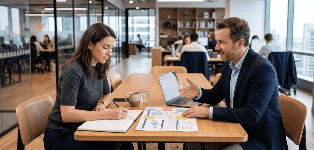 A financial coach helping an Australian client with their money plan.